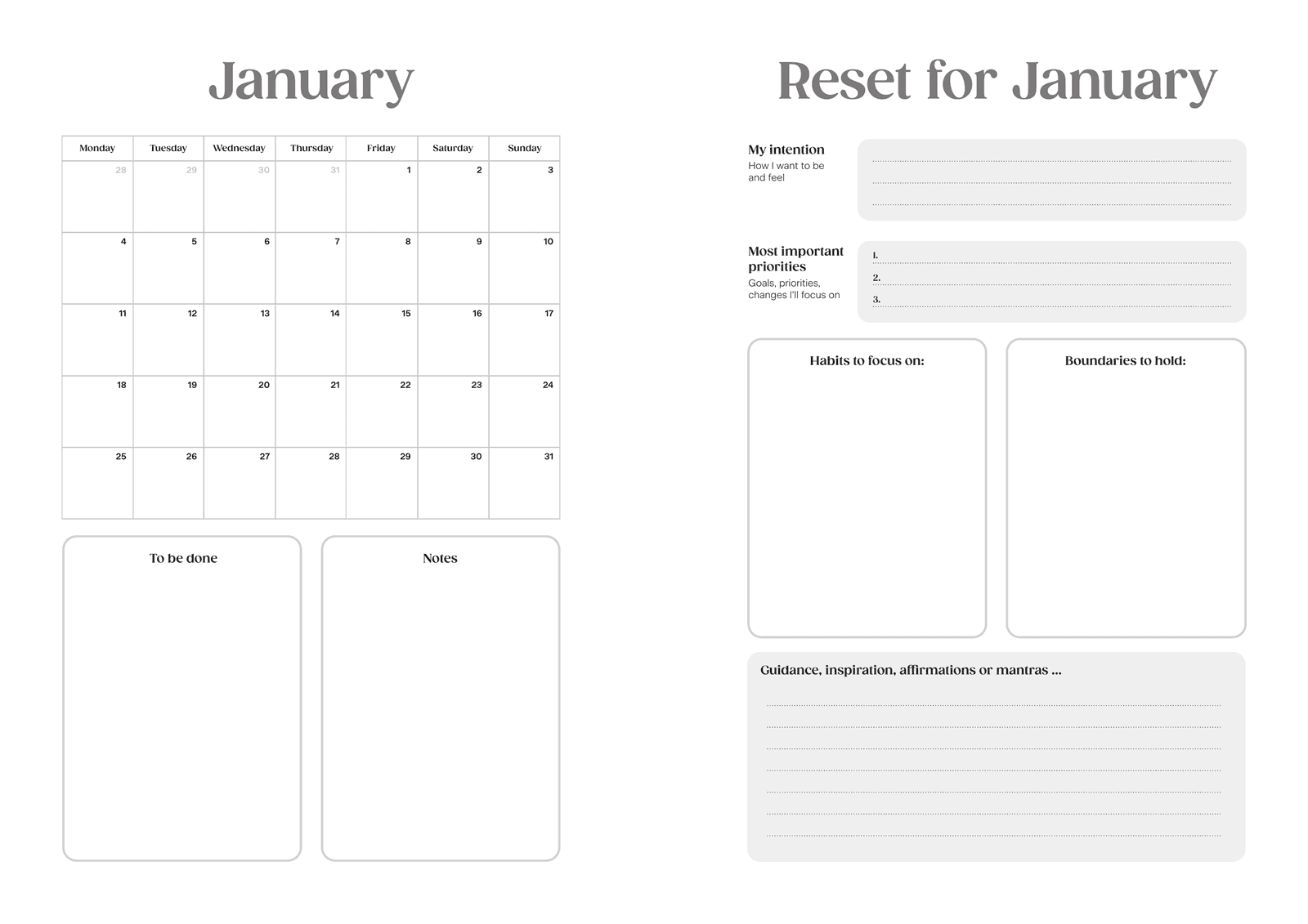 Monthly planning pages from the Live Well Life Planner